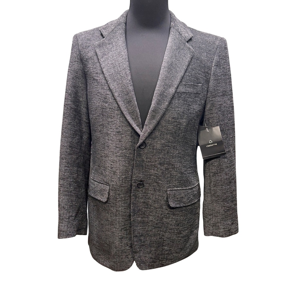 NWT Claiborne Sport Coat Mens 38R Gray Modern Fit Wool Blend Herringbone Blazer